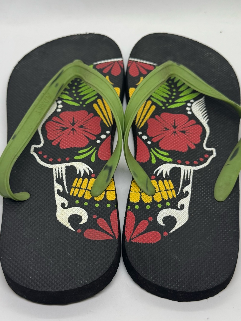 Black Flip Flops with Colorful Sugar Skull Print and Olive Green Straps